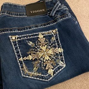 Vigoss-The Chelsea Boot Cut-Size 16-Length 33-Dk Blue-EUC-embellishments intact